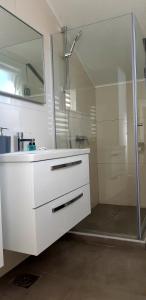 La salle de bains blanche est pourvue d'un lavabo et d'une douche. dans l'établissement Apartmani Bilić, à Korenica