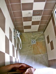 a bathroom with a shower with a tiled ceiling at Hotel Cap Sud in Saint-Pierre