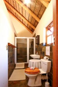 uma casa de banho com um WC e um lavatório em Oudebosch Guest Farm em Riversdale