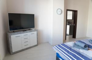 a bedroom with a television on a dresser with a bed at Apartment Třída Míru in Pardubice