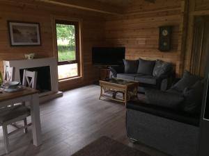 a living room with couches and a tv in a cabin at RedWood Lodge in Ludlow