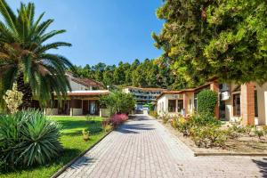 a cobblestone street in a resort with a palm tree at Palladium Hotel in Kriopigi