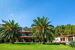 two palm trees in front of a house at Palladium Hotel in Kriopigi