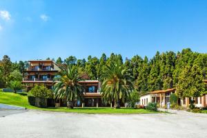 a house with palm trees in front of a road at Palladium Hotel in Kriopigi