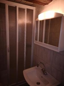 ein Bad mit einem Waschbecken und einem Spiegel in der Unterkunft Wolfs Gasthaus in Braunschweig