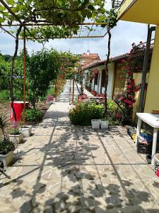 une passerelle dans un jardin avec des fleurs et des plantes dans l'établissement Вила Сириус, à Sinemorets