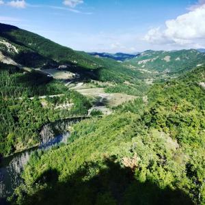 een luchtzicht op een vallei met bomen en een rivier bij Locanda Ristorante Pizzeria DA GIGINO in Corniolo