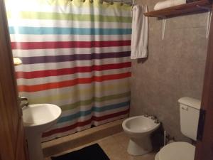 a bathroom with a colorful shower curtain and a toilet at Cabañas del Bosque Bariloche in San Carlos de Bariloche