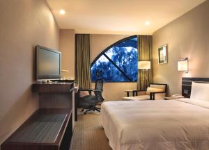 新竹市的住宿－迎曦大飯店，酒店客房设有一张床、一张书桌和一台电视机。