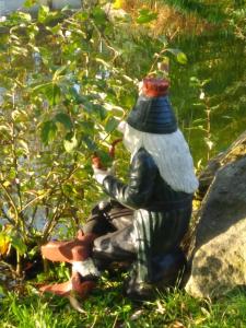 a statue of a gnome sitting next to a pond at Penzion Kosky in Hamr