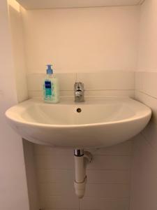 a white sink with a bottle of soap on it at Mansarda Garibaldi 11 in Turin