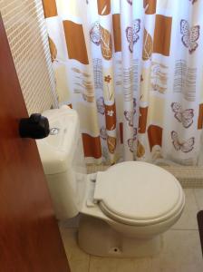 a bathroom with a toilet and a shower curtain at Aialion studios & apartments - Steve Apartments in Rhodes Town