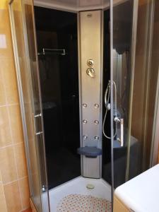 y baño con ducha y puerta de cristal. en Apartment in Balatonszemes 38456, en Balatonszemes