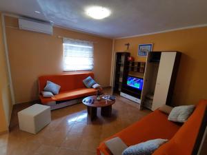 un soggiorno con un divano arancione e una TV di Apartments Ivan a Vir (Puntadura)