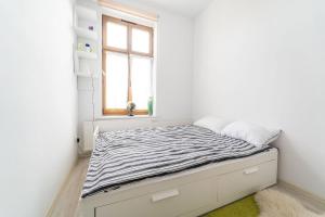 a bed in a white room with a window at Apartament Copernicus Olsztyn in Olsztyn