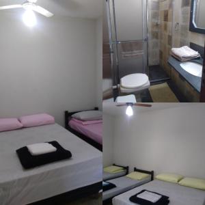 two pictures of a bathroom with a toilet and a shower at Sollarium GINI Suítes in Guarapari +107 photos