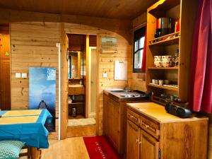 una cocina con armarios de madera y fregadero en Millygite roulotte - 4 seasons Chalet-on-wheels en Milly-la-Forêt