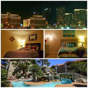two pictures of a hotel room with a view of a city at Lovely condo! Walking distance to the Strip with pool and spa in Las Vegas
