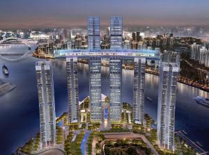 重庆重庆雅诗阁来福士服务公寓的享有河流和建筑的城市空中景致