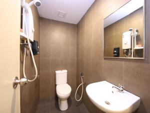 a bathroom with a toilet and a sink and a mirror at The Fern Lodge Hotel in Skudai