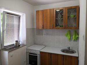 a kitchen with a sink and a stove and cabinets at Apartment Green in Sarajevo