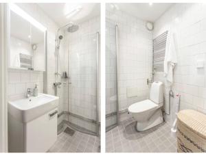2 fotos de un baño con aseo y lavabo en Central Stockholm with Free Airport Pickup, en Estocolmo