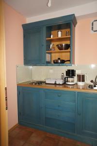 a kitchen with blue cabinets and a counter at AngerResidenz in Zwiesel