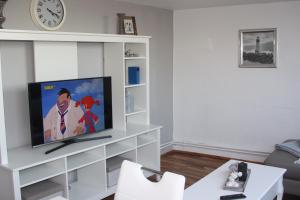 ein Wohnzimmer mit einem Flachbild-TV auf einem weißen Regal in der Unterkunft Apartment mit Rheinblick in Wesseling
