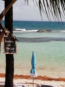 een blauwe parasol op het strand bij de oceaan bij Studio kassav in Saint-François