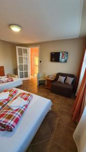 
a hotel room with a bed and a television at Hotel Róz in Szentendre
