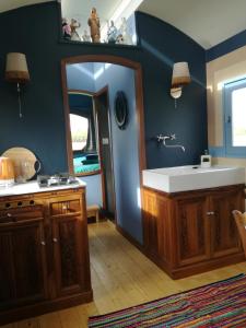 a bathroom with a sink and a mirror at La roulotte CIRCUS des Grillots in Beaulon