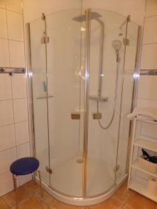 a shower with a glass enclosure in a bathroom at Friesenwohnung in Norden