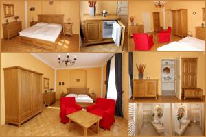 a collage of four pictures of a bedroom at Zámek Libouň in Louňovice pod Blaníkem