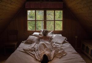 a person laying in bed in a room with a window at Cottage Trenta in Bovec