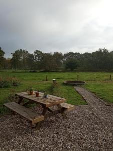 einem Picknicktisch aus Holz auf einem Feld mit Park in der Unterkunft Bij Maus in Opeinde