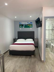 a bedroom with a bed and a flat screen tv at La Ferme Des Barmonts in Villejuif