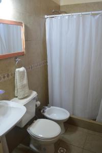 een badkamer met een toilet, een wastafel en een douche bij Hostería San Benito in Concordia