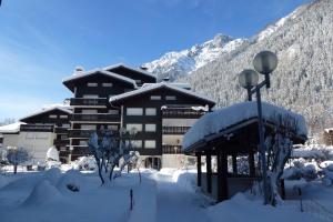 um edifício coberto de neve em frente a uma montanha em Résidence Clos Du Savoy em Chamonix-Mont-Blanc