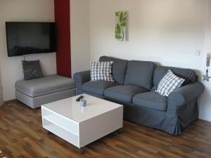 ein Wohnzimmer mit einem Sofa und einem Couchtisch in der Unterkunft Willkommen zuhause! Welcome home! in Koblenz