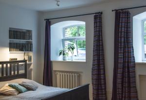 una camera con letto e finestra con tende di Mini Home Bookshop Studios a Vilnius