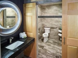 uma casa de banho com um lavatório, um espelho e um WC. em LivINN Hotel St Paul East / Maplewood em Maplewood