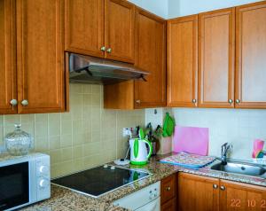 a kitchen with wooden cabinets and a counter top at Enjoy the silence apartments in Paphos