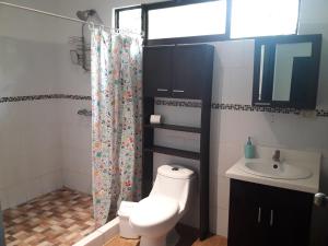 
a bathroom with a toilet a sink and a shower at Aracari Garden Hostel in Tortuguero
