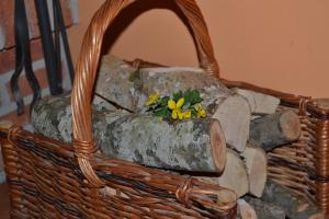 Una cesta de troncos con una flor amarilla. en La Seronda de Redes en Bueres