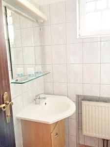 een badkamer met een witte wastafel en een spiegel bij Pension Huber in Klosterneuburg