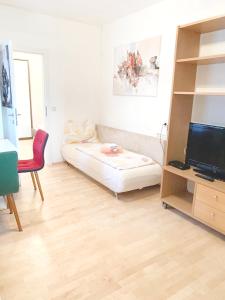 a living room with a couch and a television at Pension Huber in Klosterneuburg