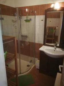 La salle de bains est pourvue d'une douche et d'un lavabo. dans l'établissement Promenade Apartman, à Balatonlelle