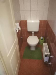 La salle de bains est pourvue de toilettes et d'un tapis vert. dans l'établissement Promenade Apartman, à Balatonlelle