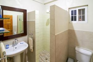 CanouanAtlantic Breeze Apartments, Canouan Island的带水槽、马桶和镜子的浴室