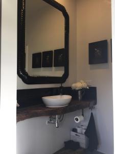 a bathroom with a sink and a mirror at Birch Hill Cottage -30 minutes from St Arnaud in Wairau Valley